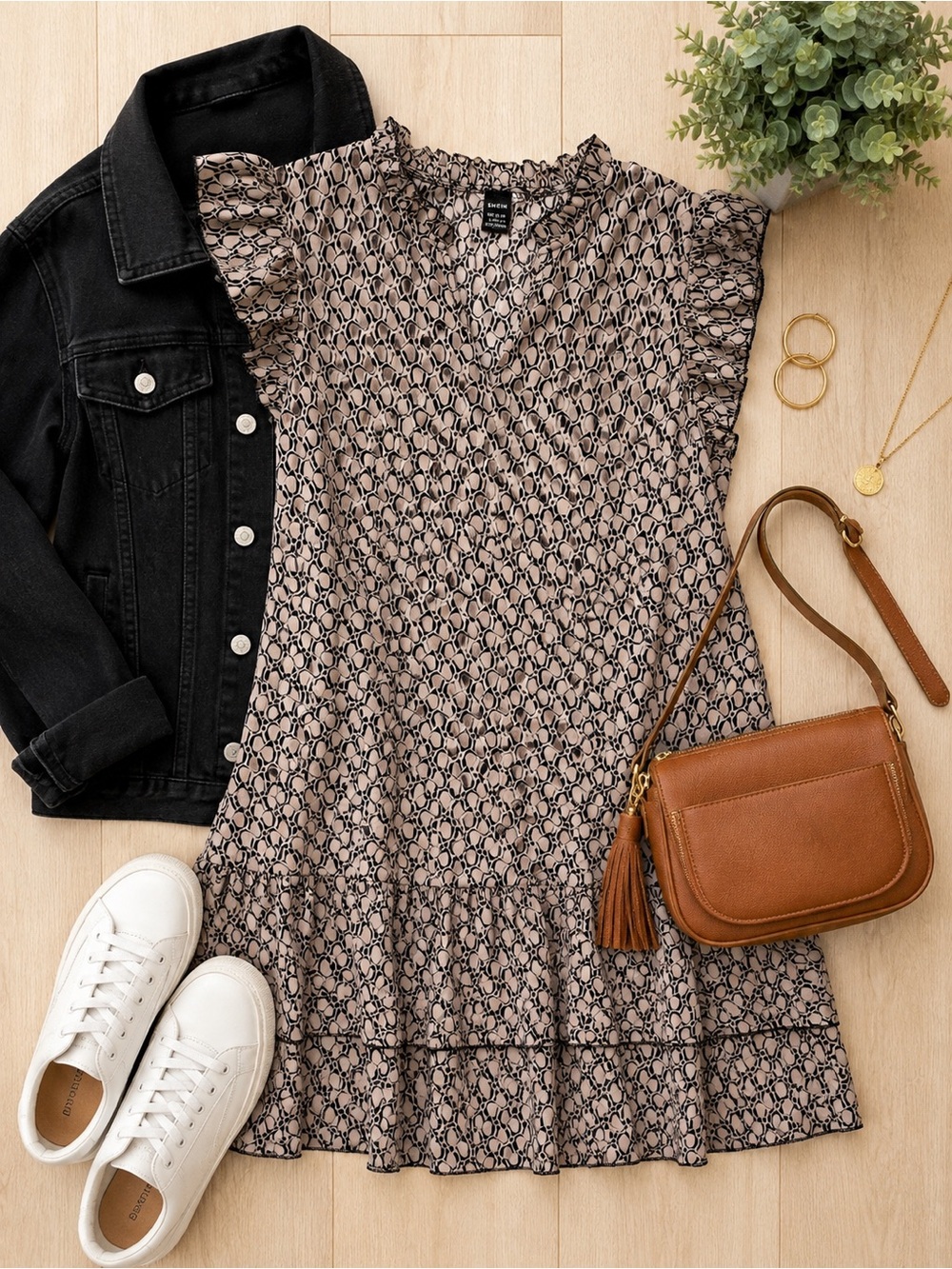 SHEIN Black and Cream Geometric Print Dress